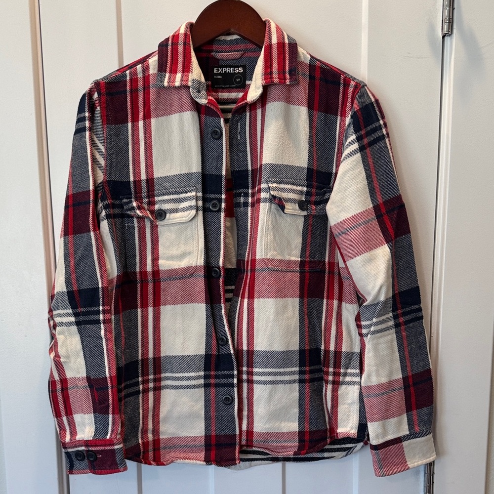 Express Men's Plaid Shirt Jacket in Red and Blue